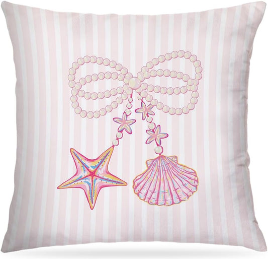 Coquette Pink Starfish Shell Pearl Bow Coastal Pillow Covers 18x18, Preppy Beach Room Decor, Girly Pink Striped Beach Decorative Throw Pillow Covers for Girls Bedroom Dorm Apartment