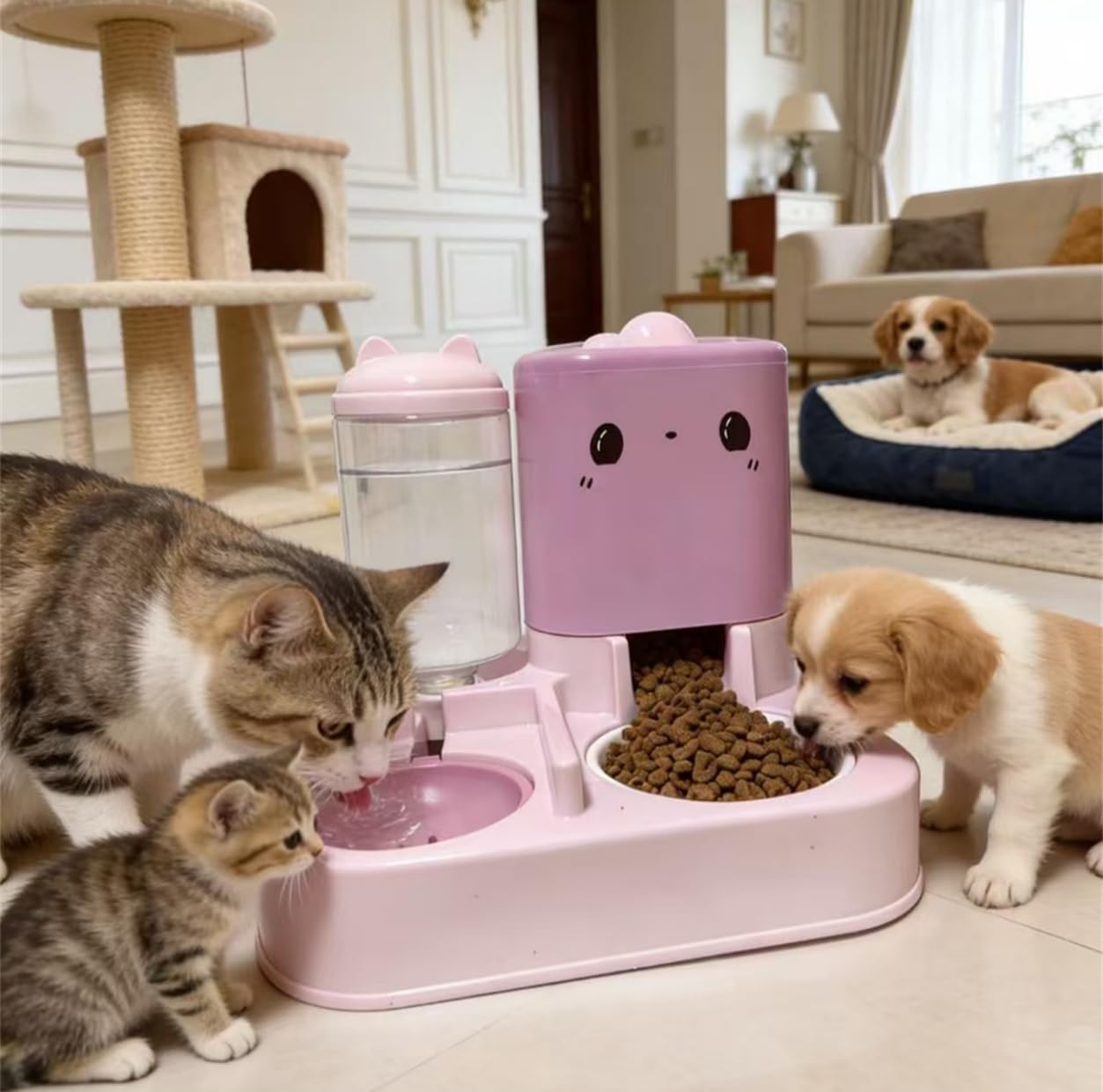 Pet Automatic Feeder Dog Cat Feeding Bowl and Water Dispenser with Refillable Storage Container Large Capacity Rabbit Feeder Watering (Pink)