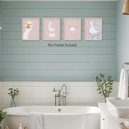 Wheatwin Girls Bathroom Decor Set, Pink Goose Nursery Animal Bathroom Wall Decorations for Kids Toddler Little Girls Toilet Washroom, 8x10 Unframed 4Pcs - Pink