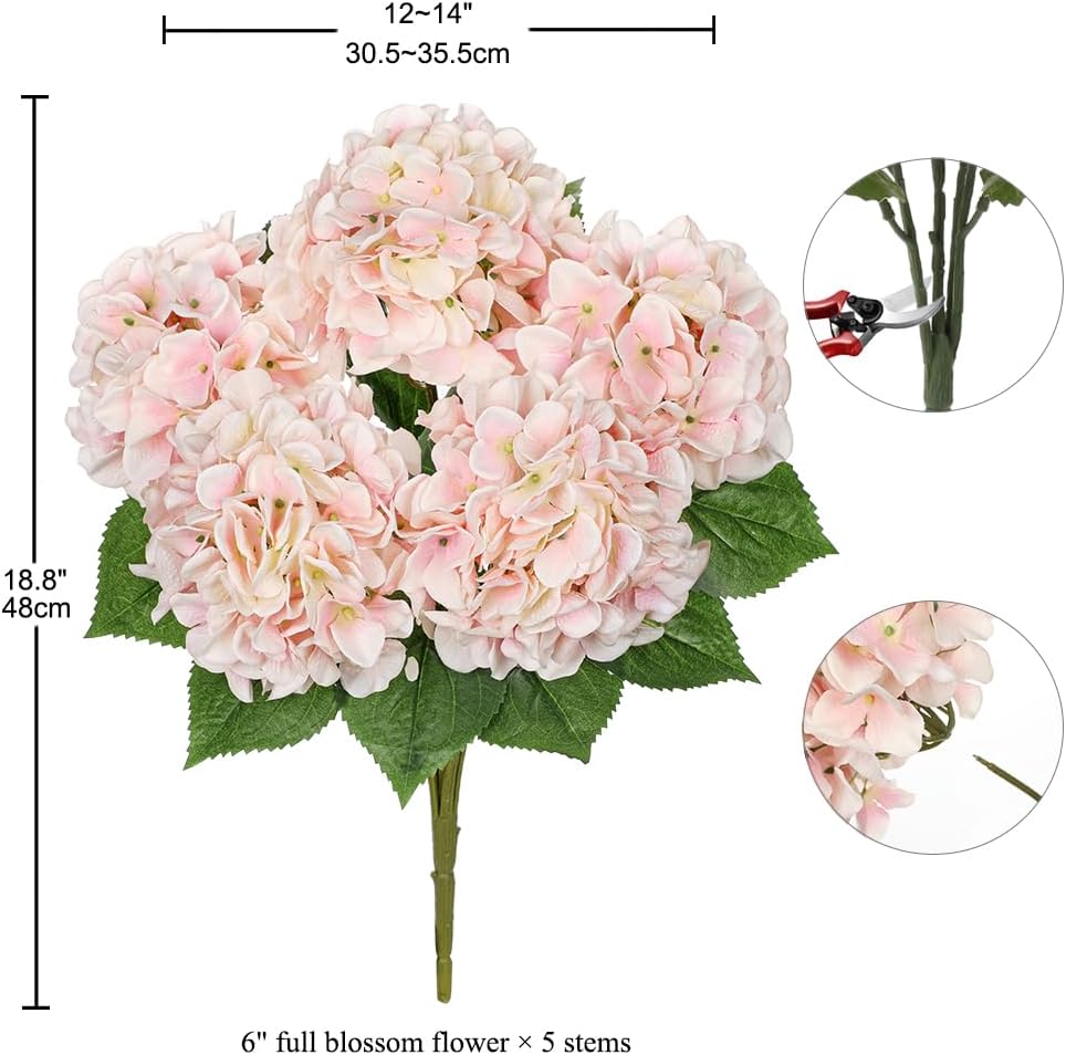 Hollyone Light Pink Hydrangea Artificial Flowers Large Artificial Hydrangeas Silk Flowers for Home Decor Indoor Wedding Flowers Bouquets Faux Flowers Kitchen Centerpiece Table Decorations