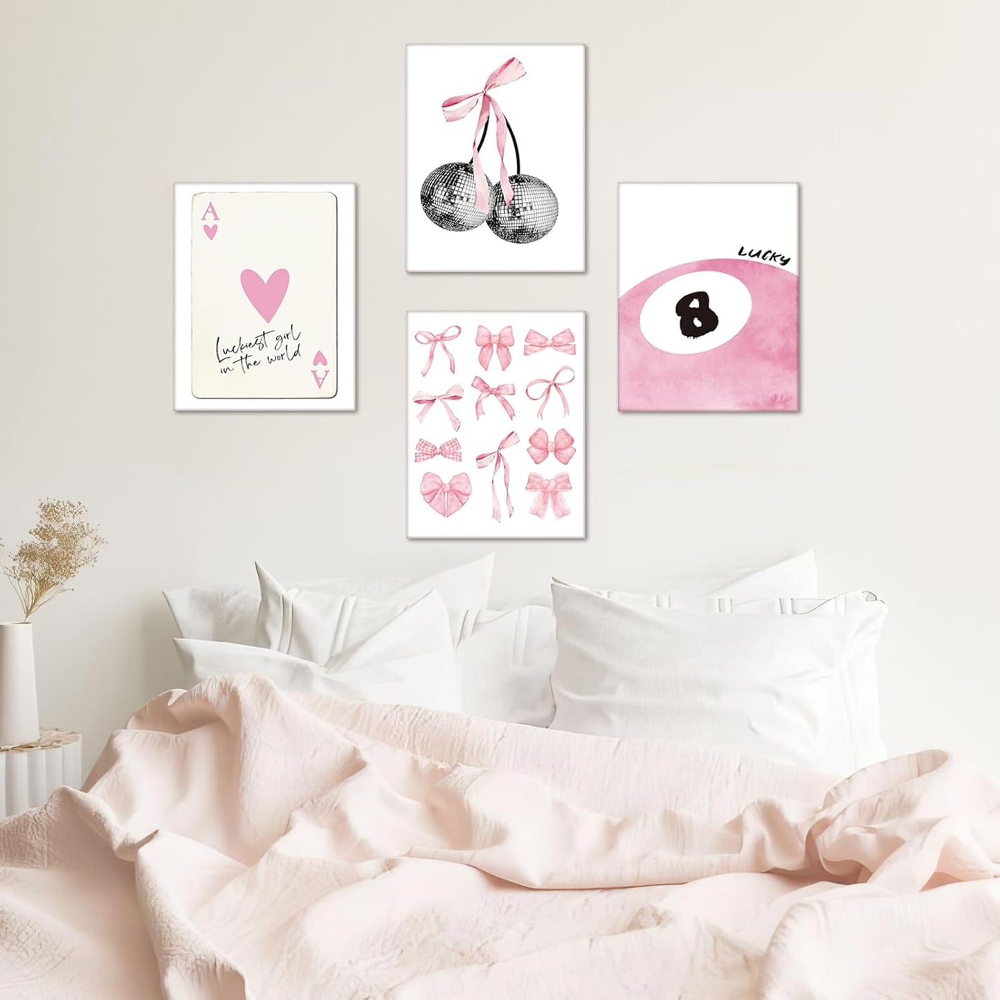 Trendy Pink Wall Art Set of 4, Coquette Preppy Wall Decor, Pink Bows Cherry Room Decor Aesthetic Cute Girly Lucky 8 Ball Canvas Posters Prints for College Apartment Dorm Bedroom 8x10 Inch Unframed