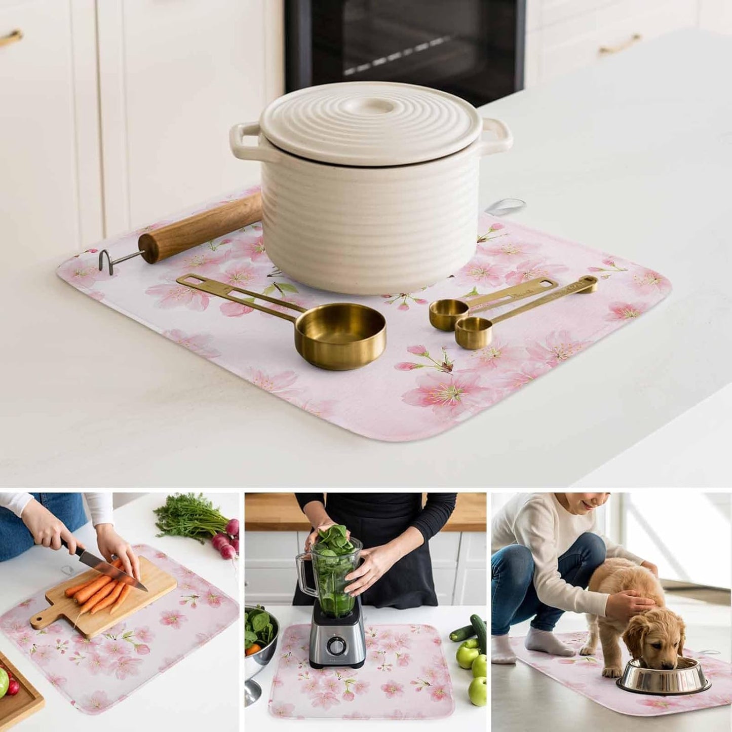 Pink Floral Dish Drying Mat for Kitchen Counter Modern Farmhouse Aesthetic Shabby Chic Flower Baby Microfiber Drying Pad, Absorbent Coffee Cup Dishes Drainer Mats 18"x24", 1 Pcs
