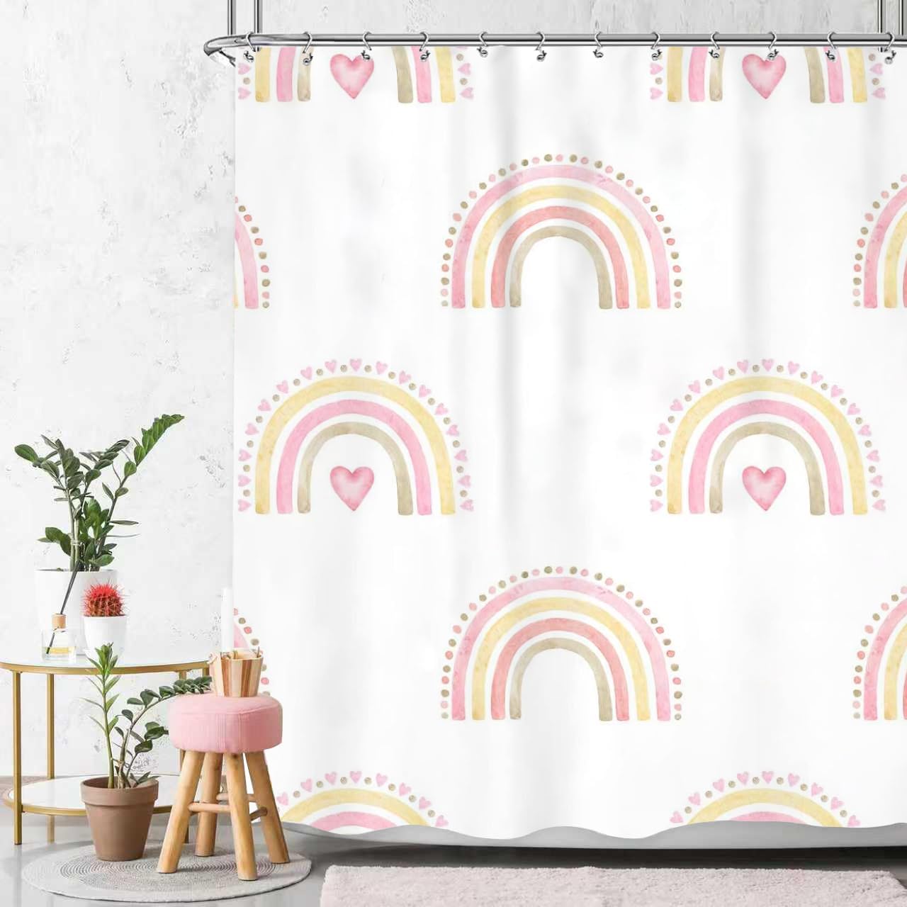 IFFVGX20 Kids Rainbow Shower Curtain for Girls 72Wx72L, Boho Pink Polka Dot Shower Curtain, Cute Girly Toddler Nursery Child Bathroom Set Modern Minimalist Aesthetic Curtain Bathtub Accessories Decor