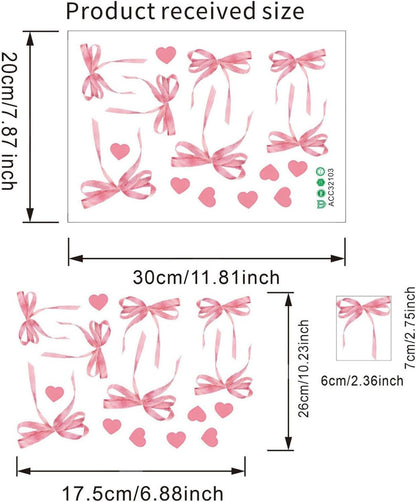 12 Sheets Bow Wall Stickers Peel and Stick Coquette Pink Bow Heart Decals for Room Nursery Boho Bedroom Dresser Playroom Living Room Windows Aesthetic Waterproof Wallpaper for Christmas Room Decor