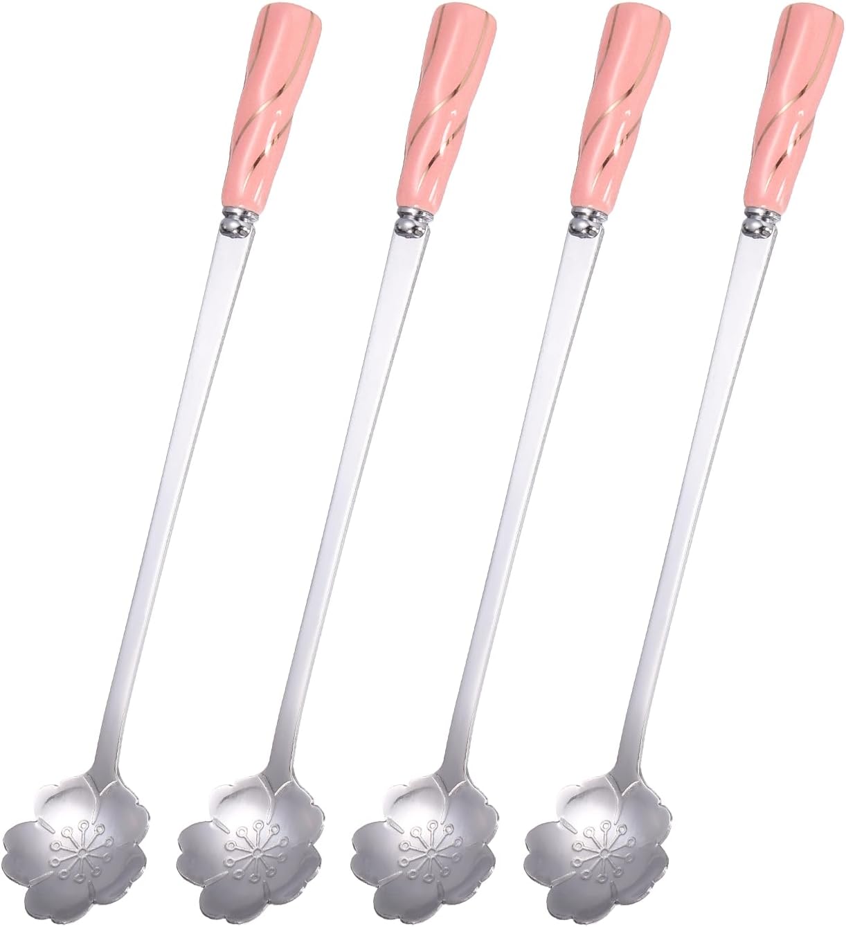 uxcell 4Pcs Stainless Steel Flower Spoons 7 Inch Cherry Blossom Shape Coffee Spoon Small Teaspoon Dessert Spoon for Espresso Sugar Cake, Pink Silver