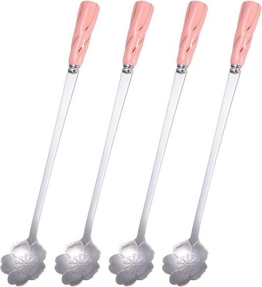 uxcell 4Pcs Stainless Steel Flower Spoons 7 Inch Cherry Blossom Shape Coffee Spoon Small Teaspoon Dessert Spoon for Espresso Sugar Cake, Pink Silver