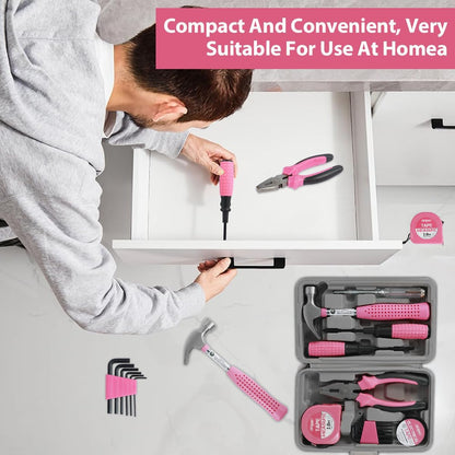13/24Pcs Household Repair Tool Kit Multi-Purpose Pink Home Hand Tool Set with Storage Case Hammer and Allen Key Set with Electrical Tape Screwdriver Test Pen Plier Bits QUZHEMA_US