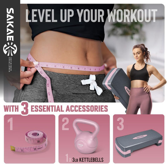 SAKAE Step Aerobics Platform Set with Kettlebell & Measuring Tape, Aerobic Steppers for Exercise at Home, Adjustable Height 2 Level Risers Workout Step Trainer with Non-Slip Surface, Multiple Colors