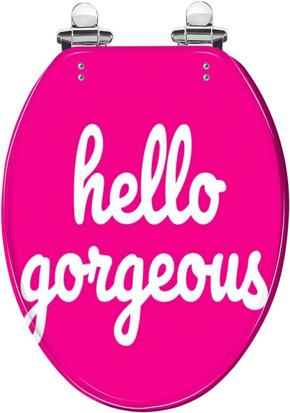 Elongated Toilet Seat Cherry Pink Hello Gorgeous Cute Preppy Hot Text Typography Bright Quiet Close Strong Stainless Steel Hinges Resin Toilet Seat Easy to Install Easy to Clean