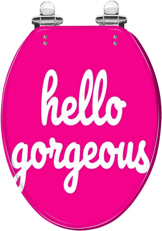 Elongated Toilet Seat Cherry Pink Hello Gorgeous Cute Preppy Hot Text Typography Bright Quiet Close Strong Stainless Steel Hinges Resin Toilet Seat Easy to Install Easy to Clean