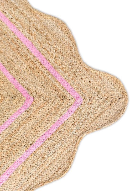 Scalloped Natural Jute Rug 2'x3' Ft – Handwoven Boho Farmhouse Area Rug, Braided Eco Friendly Entryway Rug, Natural Fiber Carpet for Living Room & Bedroom, (Light Pink, 2'x3')