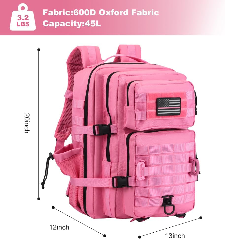 Hannibal Tactical 45L MOLLE Assault Backpack, Tactical Backpack Military Army Camping Rucksack with Bottle Holder, 3-Day Pack Trip w/USA Flag Patch, D-Rings, Pink