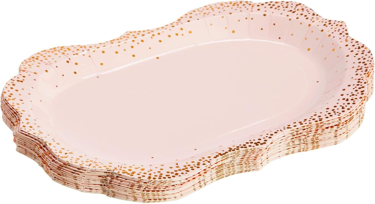 Sparkle and Bash 24-Pack Pink Disposable Serving Trays, Gold Foil Polka Dotted Party Platters for Wedding, Birthday, Tea Party, Brunch Decorations, Table Centerpiece, Home Decor (9x13 in)