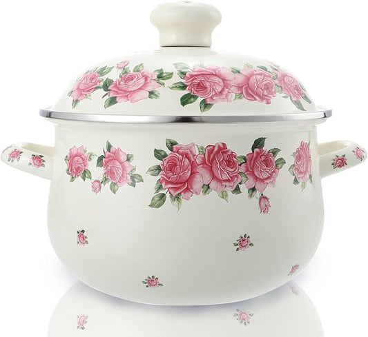 Retro Flower Enamel Stockpot with Lid,Stockpots for Cooking,Vintage Floral Stew Bean Simmer Pot with Handle, Kitchen Soup Pot, Safe for Induction Cookers, Gas Stove (PINK-5QT)