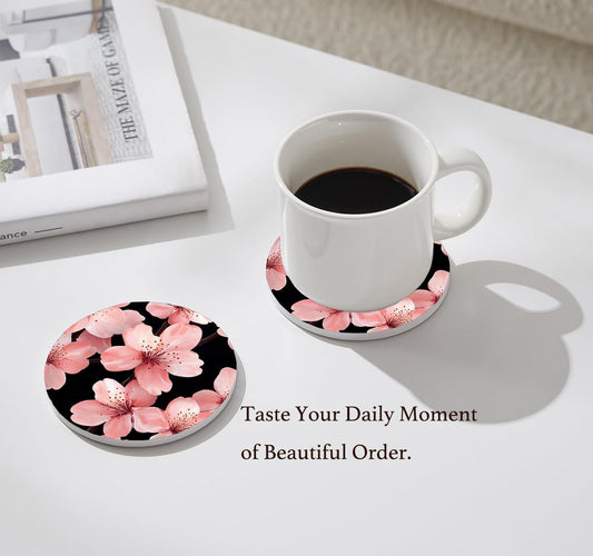 Nikyi 6 Pcs Pink Flower Ceramic Absorbent Coasters, Cherry Bloom Floral Round Drink Coaster with Metal Holder & Cork Base, for Coffee Table Desk Home Decor or Women Mom Wife Gift