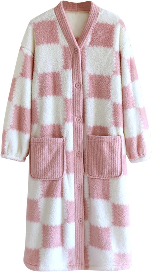 Lmdudan 2025 Womens Long Fleece Robe Checkered Bathrobe with Pockets Soft Sleepwear Nightgown Fluffy Plush Bathrobe
