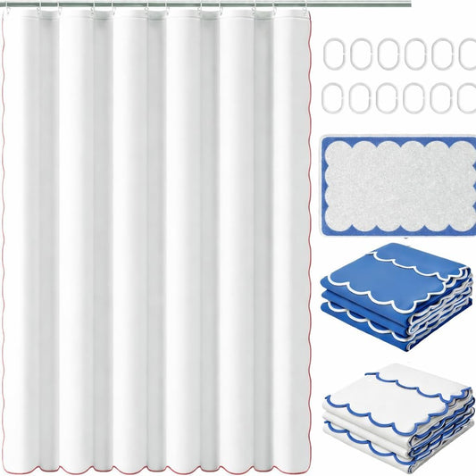 Hutch & Harbor Scalloped Shower Curtain Set, Water-Resistant Fabric Bath Curtain with Mat and Hooks, Modern Bathroom Decor, 72 x 72 Inch (White with Pink Trim)