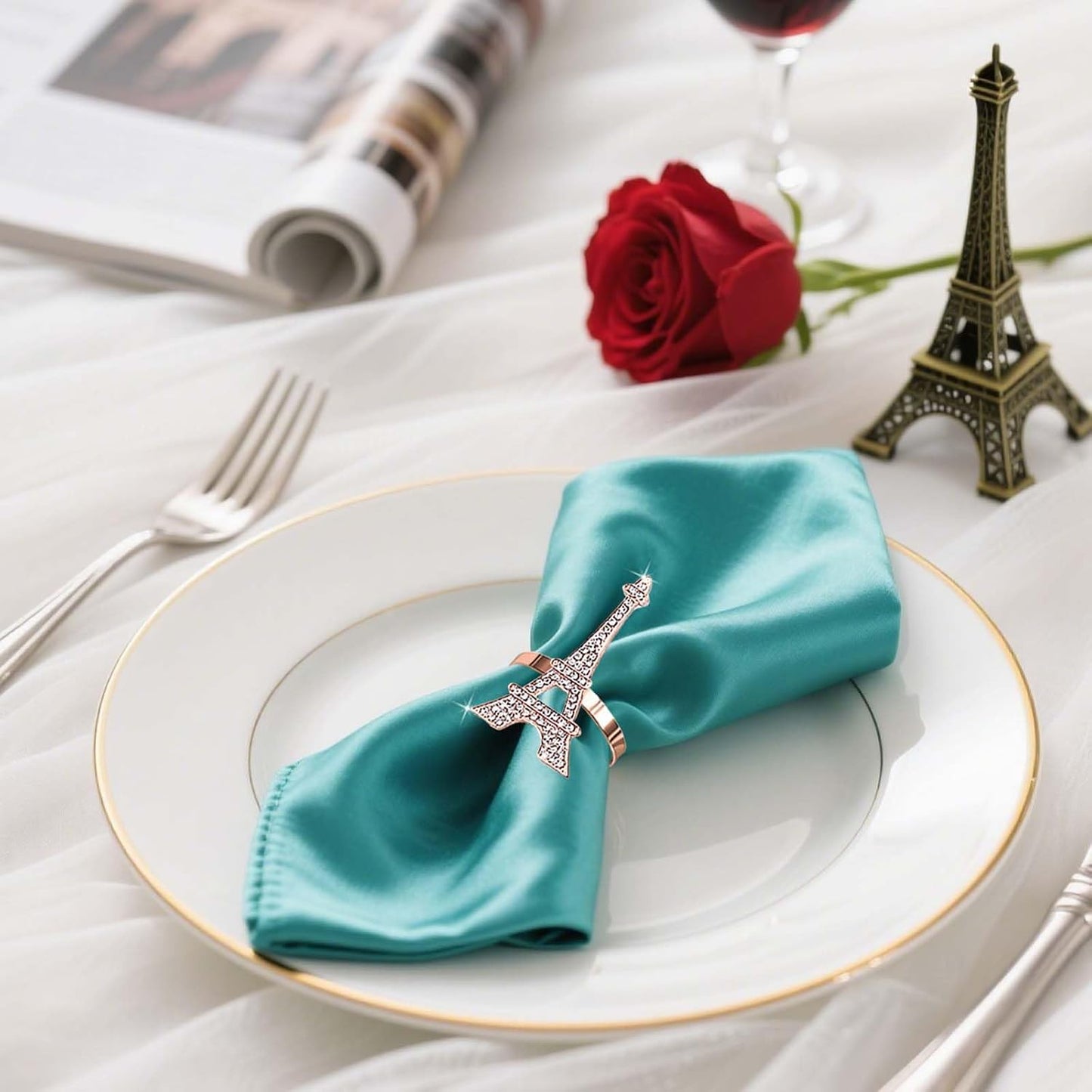 Rose Gold Eiffel Tower Napkin Rings Set of 6 Western Paris Napkin Rings for Valentine's Day Wedding Brithday Dining Decor,French Napkin Ring Holders for Holiday Family Party Table Setting