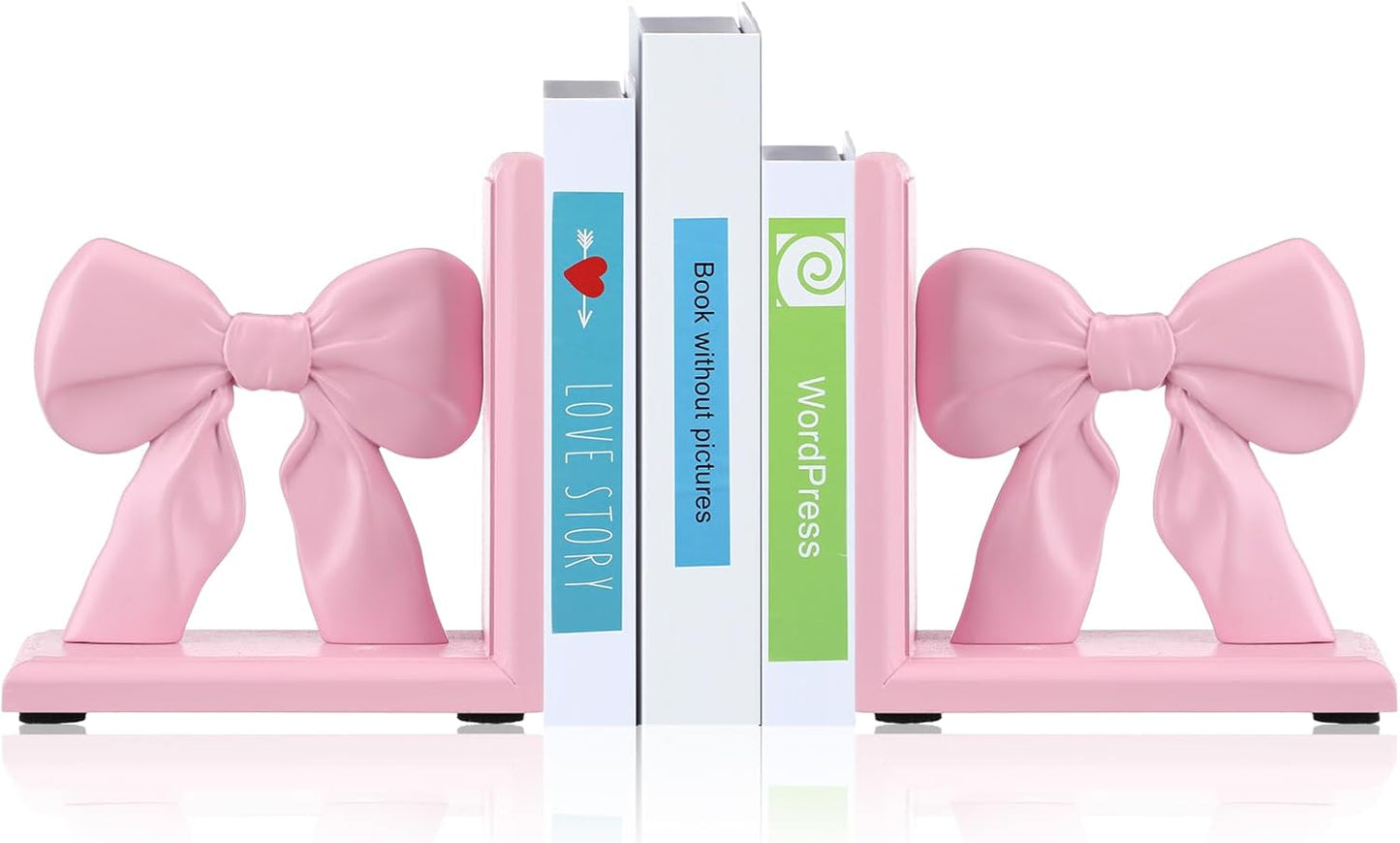 Threehoney 2 Pieces Pink Bow Bookends Cute Book Ends for Shelves Decorative Book Stand Bow Sculpture Statues Tabletop Shelf Ornament Room Decor for Home Office School Dorm Girl Desk