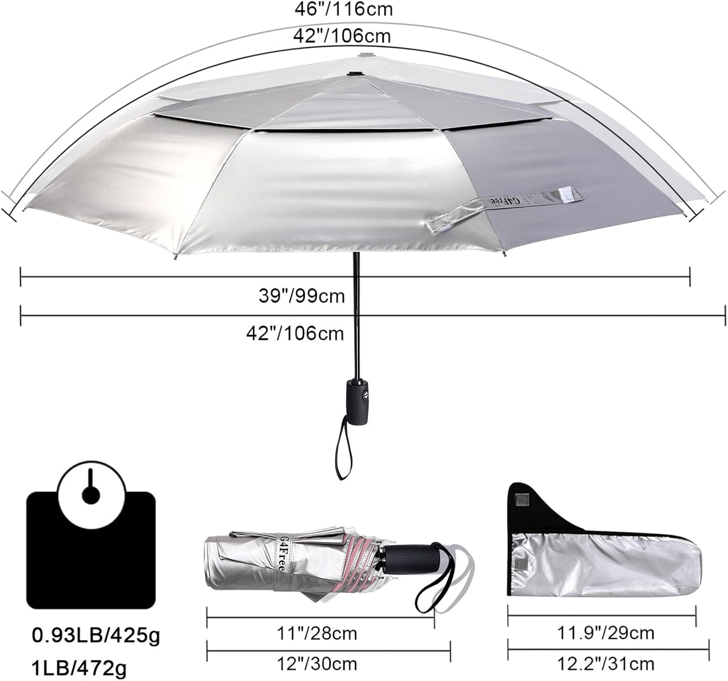 G4Free UPF 50+ UV Protection Travel Umbrella 42/46 Inch Windproof Silver Coating Sun Blocking Umbrella