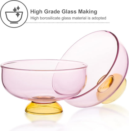 Pink Glass Dessert Bowls Set of 6 Ice Cream Bowl with 6 Gold-Plated Spoons Decorative Microwave Safe for Fruit,Snack,Candy Glass Bowl Set