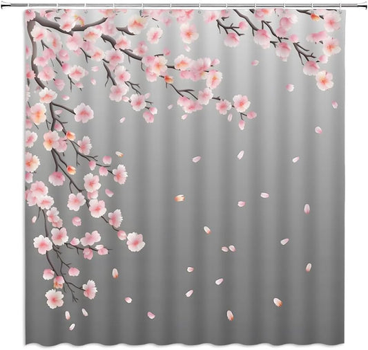 Cherry Blossom Shower Curtain Pink Grey Blooming Floral Asian Japanese Watercolor Flower Branch Nature Plant Bathroom Decor Curtains with Hooks 70" WX70 L