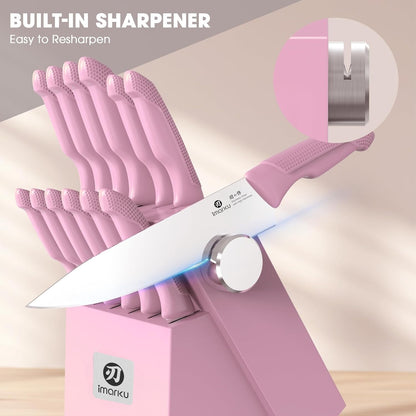 imarku Knife Set with Block, Sharp Knife Set with Built-in Sharpener, Japanese Stainless Steel Kitchen Knife Set with Non-Slip Ergonomic Handle, Dishwasher Safe, Valentine's Day Gifts, 14 PCS, Pink