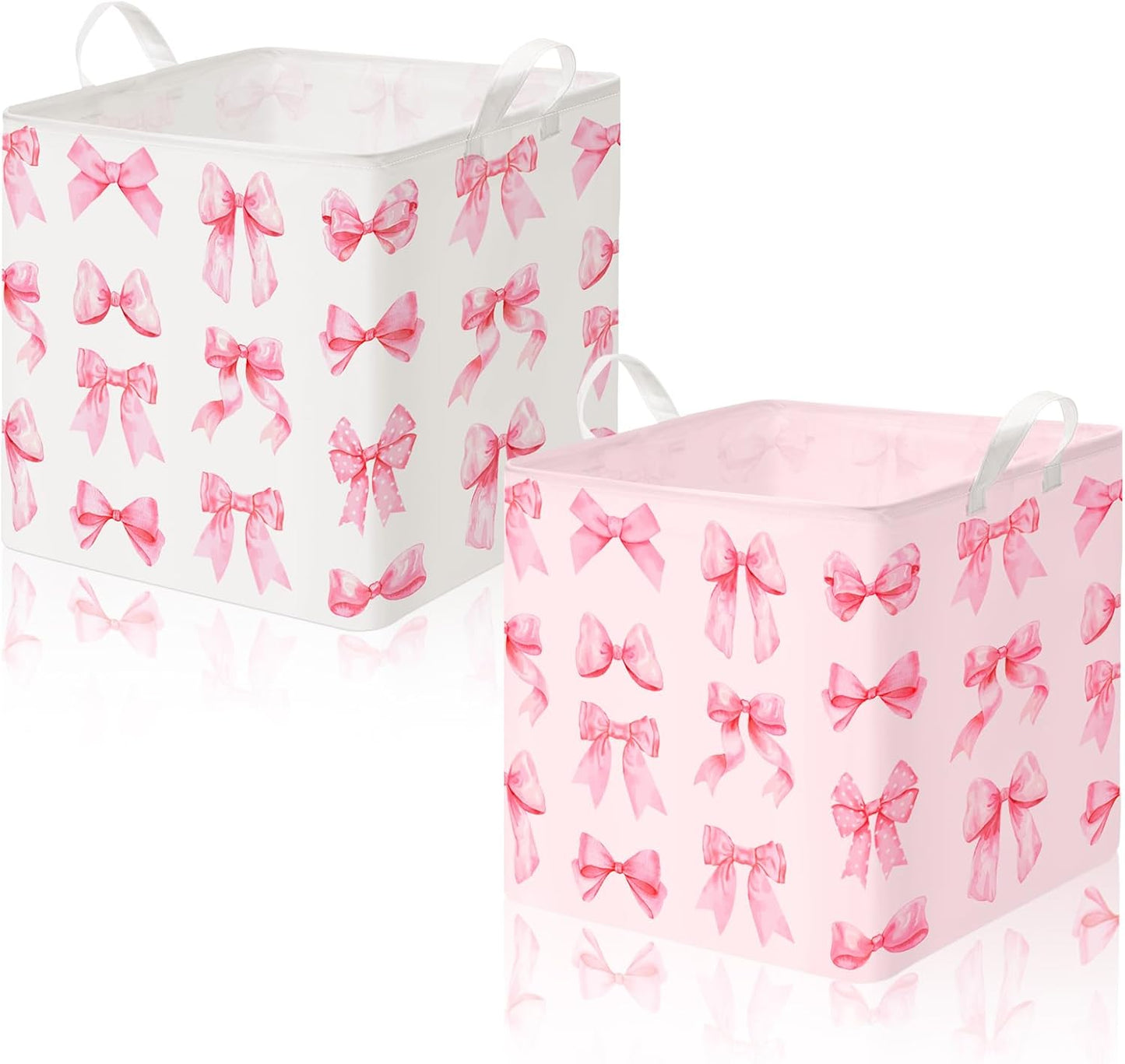 Geelin 2 Pcs Pink Bow Laundry Basket Rectangle Coquette Storage Basket Pink Canvas Nursery Hamper Foldable Waterproof Storage Bin Organizer with Handle for Bedroom Bathroom Dorm Clothes, 12.6inch