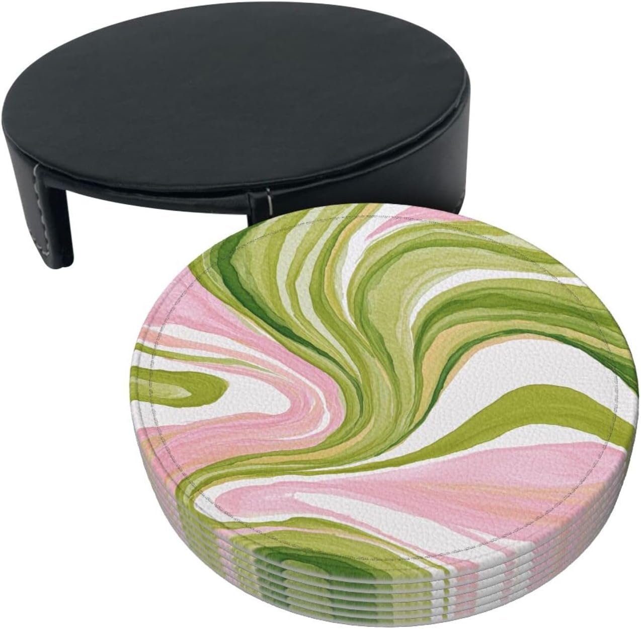 Watercolor Light Pink Green Swirl Marble Premium Leather Coasters, Set of 6 with Holder, Stylish Beverage Coasters for Kitchen Coffee Bar