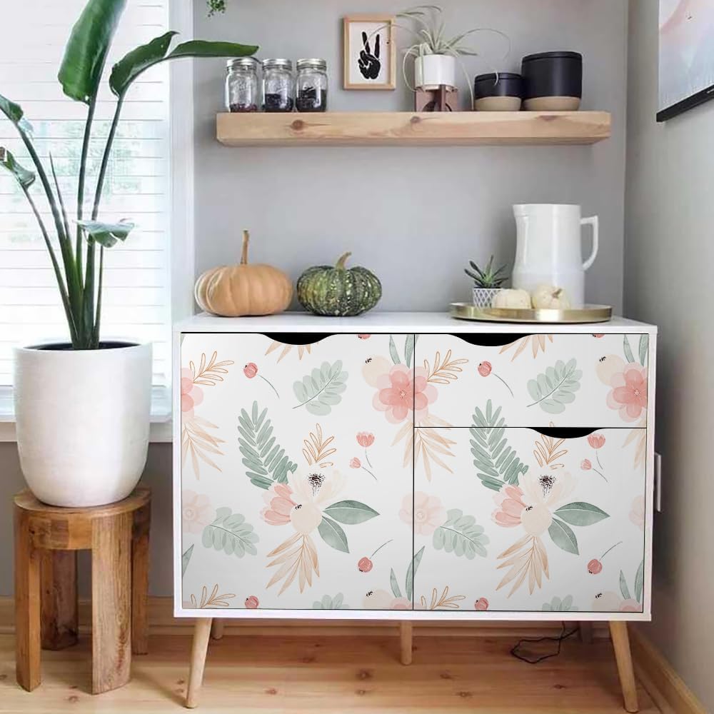 MuralPeel Neutral Green Leaves Pink Poppy Floral Peel and Stick Wallpaper Self Adhesive Removable Easy Peel Off Stick on Wall Paper for Bedroom Cabinet Renter