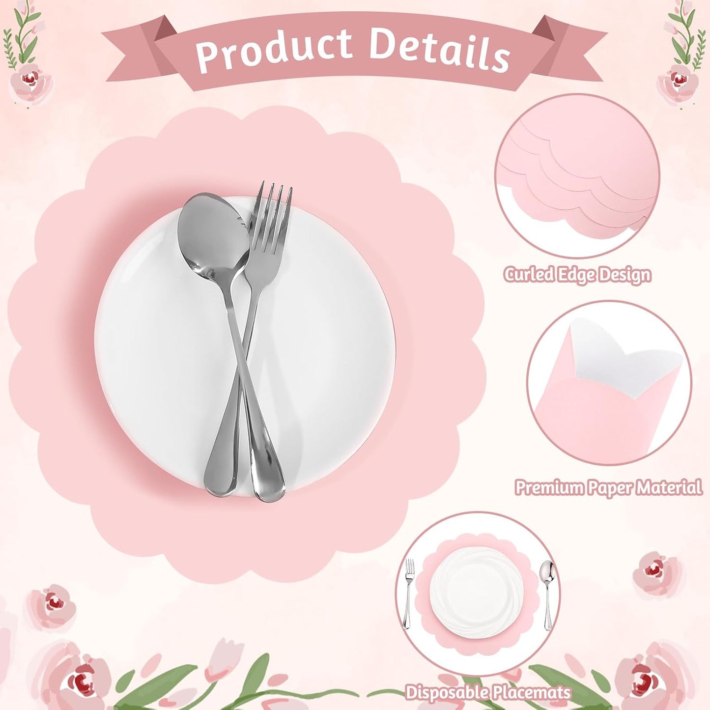 60 Pcs Light Pink Paper Placemats, 13.5 Inch Disposable Scalloped Placemat Round Table Place Mats Decorative Paper for Girls Birthday Wedding Bridal Shower Baby Shower Banquet Tea Party