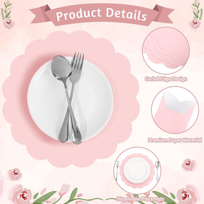 60 Pcs Light Pink Paper Placemats, 13.5 Inch Disposable Scalloped Placemat Round Table Place Mats Decorative Paper for Girls Birthday Wedding Bridal Shower Baby Shower Banquet Tea Party
