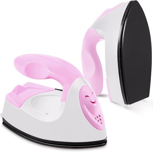 Honoson Mini Craft Iron Mini Heat Press Small Iron 3.93 x 2.36 x 2.76 in Portable Handy Tiny Flatiron with Charging Base Accessory for Fuse Bead Patch DIY Heat Transfer Vinyl(Light Pink,White)