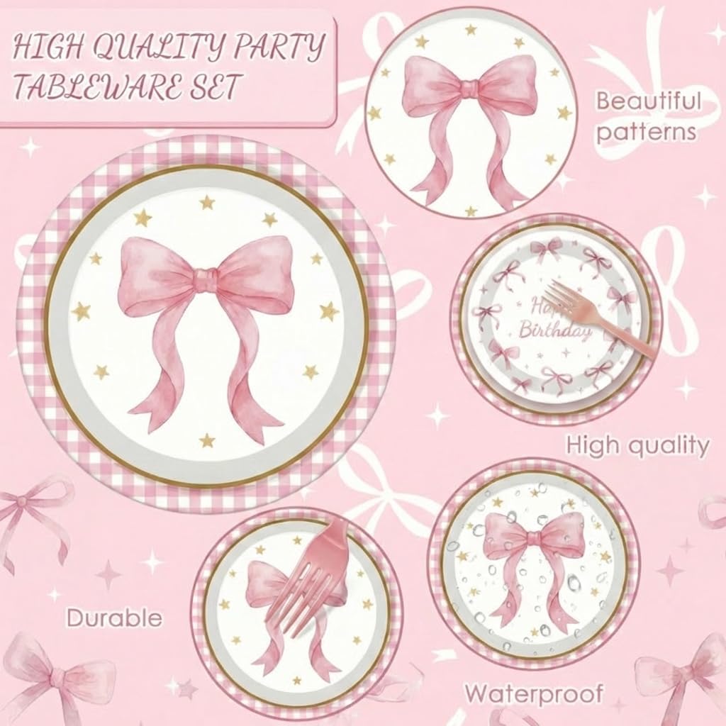 ArtSocket 96 Pcs Pink Bow Party Decorations Tableware Set, Coquette Disposable Dessert Plates Napkins Forks for Table Decorations Favors for Kids Girls Baby Shower Birthday Party Serve 24 Guests