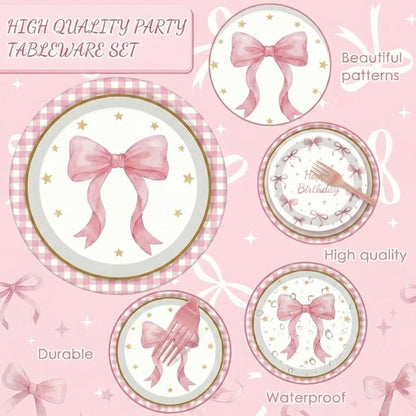 ArtSocket 96 Pcs Pink Bow Party Decorations Tableware Set, Coquette Disposable Dessert Plates Napkins Forks for Table Decorations Favors for Kids Girls Baby Shower Birthday Party Serve 24 Guests