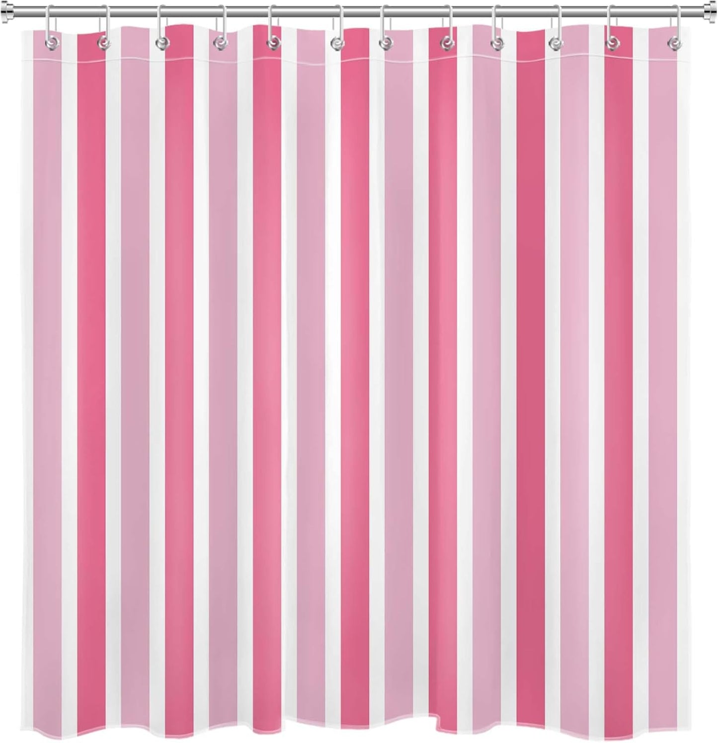 Pink and White Shower Curtain Modern Vertical Stripe Abstract Geometric Design Polyester Fabric Bathroom Decor Curtains, 72W X 78L inches