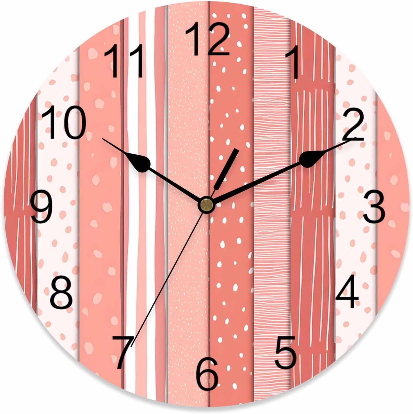 Wall Clock Pink Stripes Clocks PVC Silent Non-Ticking Battery Operated Decorative Coral Polka Dots Striped Grain Round Clock for Home Living Room Kitchen Bedroom Office School Wall Decor 10 Inch