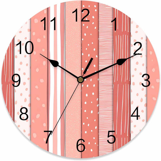 Wall Clock Pink Stripes Clocks PVC Silent Non-Ticking Battery Operated Decorative Coral Polka Dots Striped Grain Round Clock for Home Living Room Kitchen Bedroom Office School Wall Decor 10 Inch