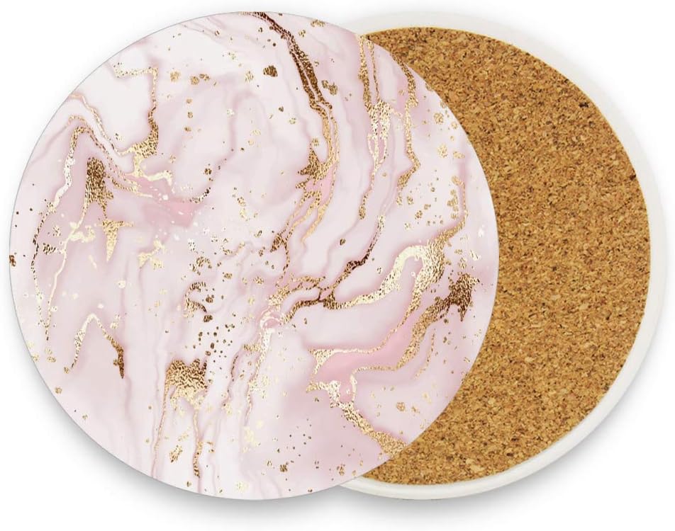 Coasters for Drinks Absorbent Round Liquid Marble Painting Gold Pink Ceramic Stone Anti Scratch Cork Housewarming Gifts Wedding Living Room Office Decoration Bar 3.9Inch Set of 4