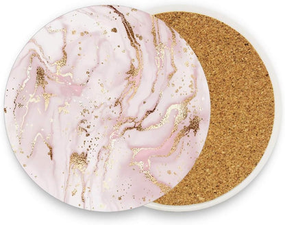 Coasters for Drinks Absorbent Round Liquid Marble Painting Gold Pink Ceramic Stone Anti Scratch Cork Housewarming Gifts Wedding Living Room Office Decoration Bar 3.9Inch Set of 4