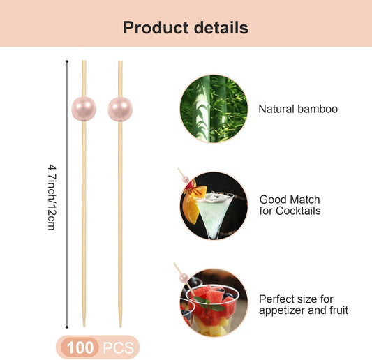 Toothpicks for Appetizers, Fancy Cocktail Picks for Appetizers, Pink Bamboo Cocktail Toothpicks for Drinks, 4.7inch Appetizer Skewers for Party Decoration 100 Counts