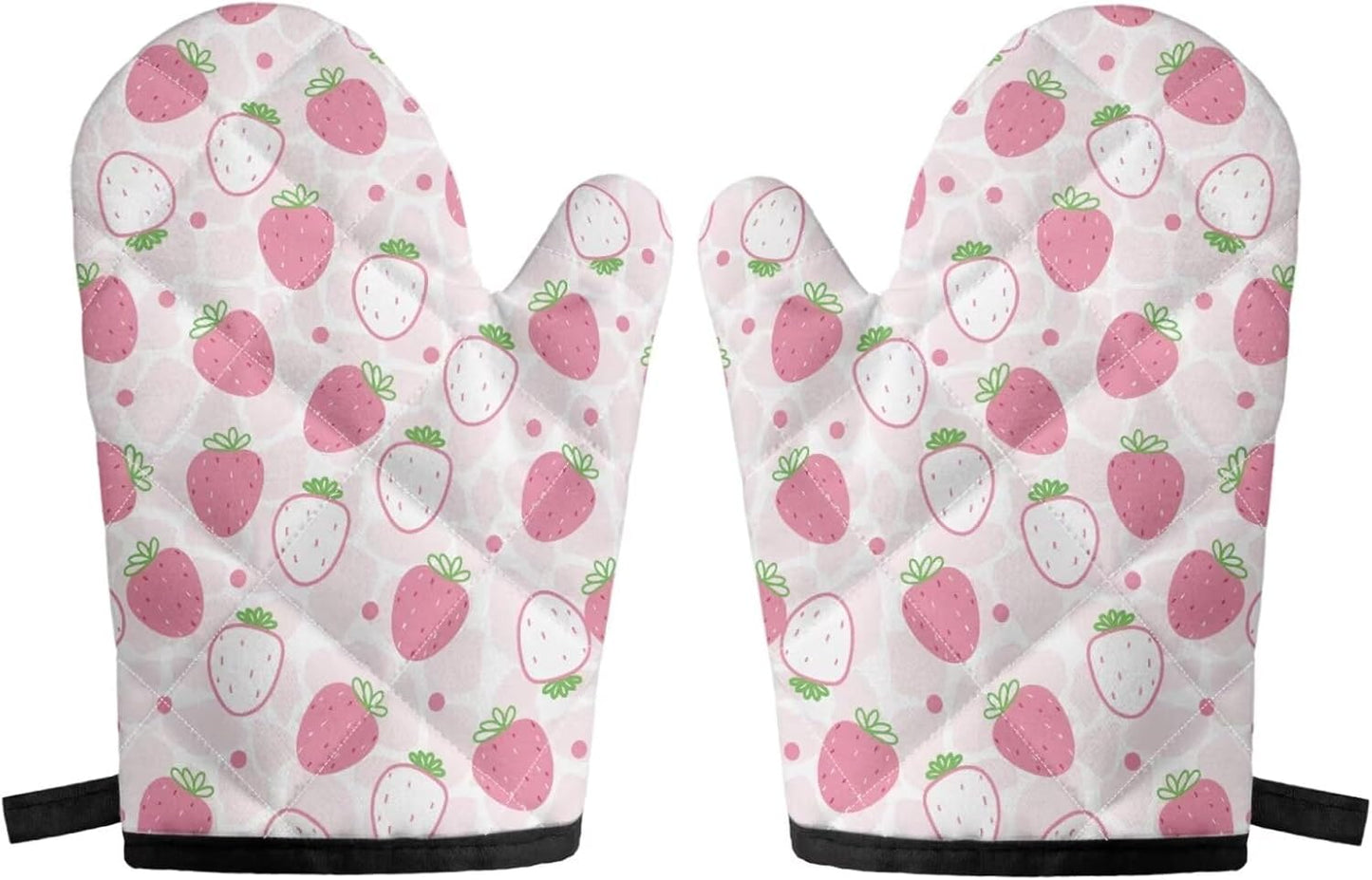 Grip Soft Heat Resistance 2 Piece Cute Pink Strawberry Oven Mitts Set for Cooking BBQ Quilted Inner Lining Skid Resistant Kitchen Oven Mittens
