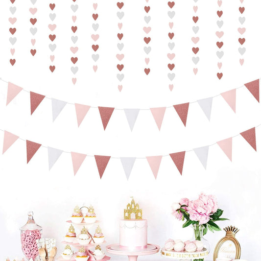 Rose-Gold Pink Party-Decorations Heart Garland Streamers - 52Ft Bachelorette Engagement Hanging Paper Banner,Valentines Day Bridal Shower Wedding Birthday Party Bunting Lasting Surprise