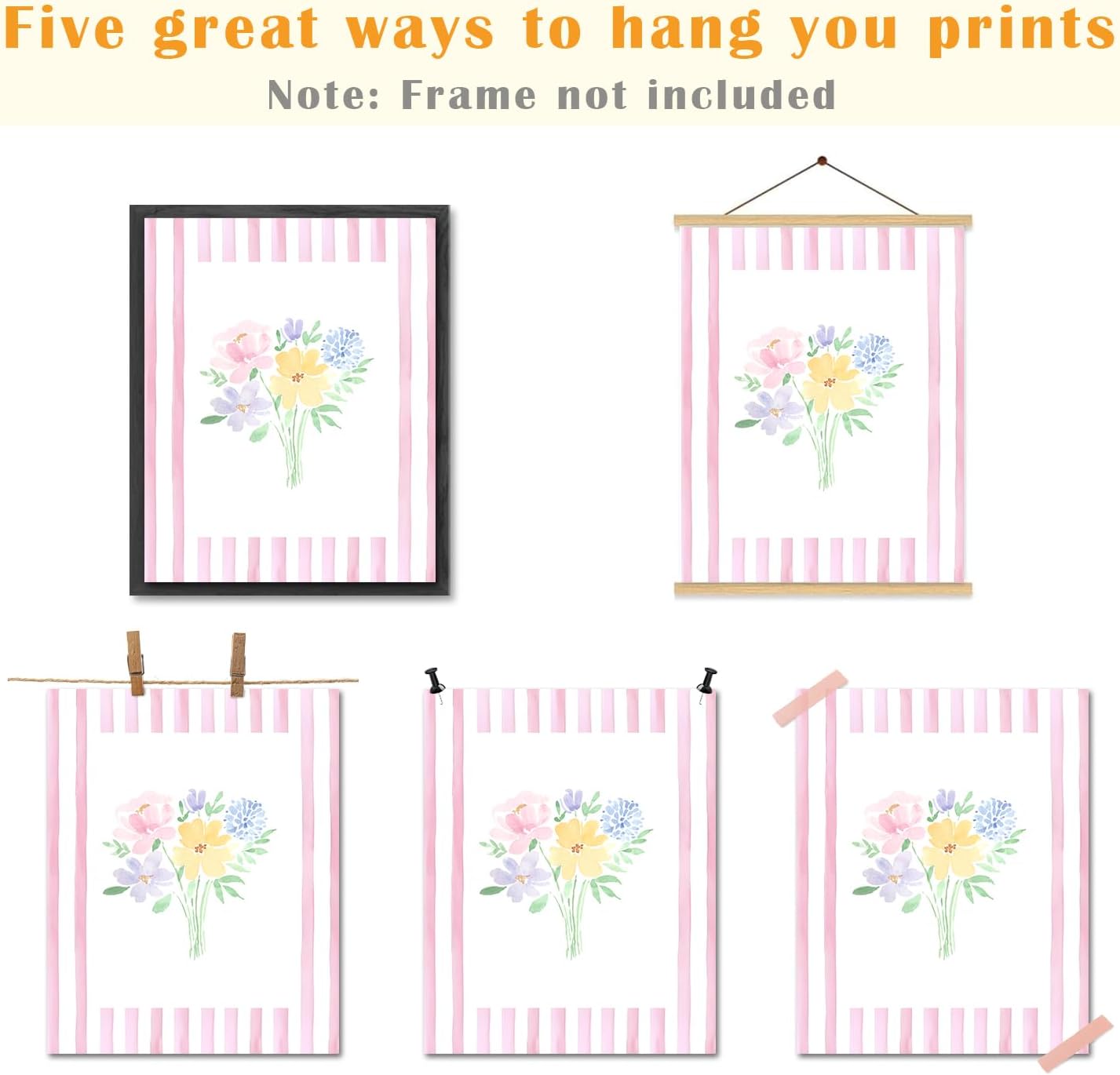 JINYO Preppy Pink and White Striped Floral Wall Art Prints Set of 4, Floral Room Decor, Pastel Rustic Wildflower Botanical Posters Pictures Wall Decor for Girls Bedroom Dorm, 8x10 Unframed