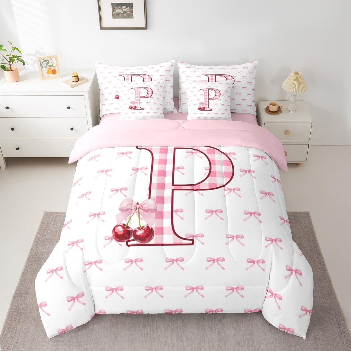 Erosebridal Initial P Letter Bowknot Bed in A Bag Queen 7 Piece Pink Bow Tie Cherry Comforter Set Princess Coquette Decor Bedding Sets for Kids Girls Ribbon Buffalo Checkered Sheet Set with Comforter