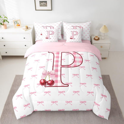 Erosebridal Initial P Letter Bowknot Bed in A Bag Queen 7 Piece Pink Bow Tie Cherry Comforter Set Princess Coquette Decor Bedding Sets for Kids Girls Ribbon Buffalo Checkered Sheet Set with Comforter