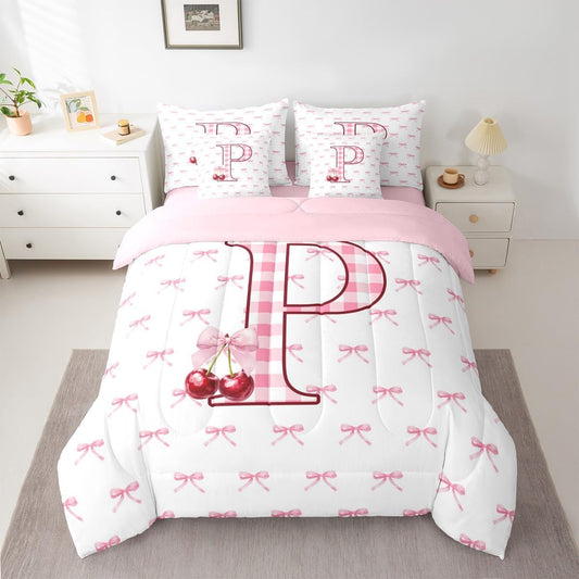 Erosebridal Initial P Letter Bowknot Bed in A Bag Queen 7 Piece Pink Bow Tie Cherry Comforter Set Princess Coquette Decor Bedding Sets for Kids Girls Ribbon Buffalo Checkered Sheet Set with Comforter