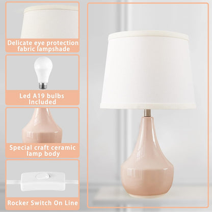 GyroVu 18" Table Lamp Set of 2, Ceramic Lamp Classic Beside Lamps Nightstand Lamp Modern Bedside Lamp for Living Room, Bedroom & Office Rocker Switch Pink-LED Bulbs Included