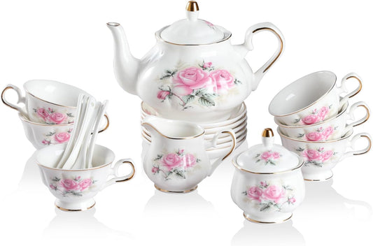 Sweejar Porcelain Tea Set Vintage Floral, British Relief Gold Rim Teapot Cup and Saucer Sets, 22-Piece Tea Sets for Adults, with Teapot, Sugar Bowl, Milk Jug, Spoons, Cup and Saucer (Pink Flower)
