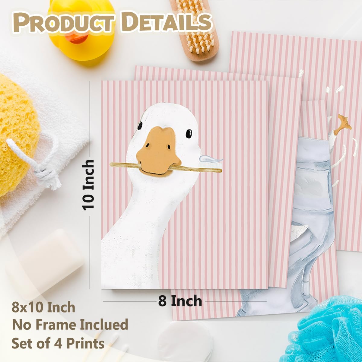 Wheatwin Girls Bathroom Decor Set, Pink Goose Nursery Animal Bathroom Wall Decorations for Kids Toddler Little Girls Toilet Washroom, 8x10 Unframed 4Pcs - Pink